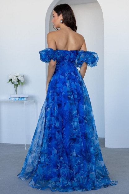 Off Shoulder Puff Sleeve Floral Print Gowns Maxi Dresses-Blue [Pre Order]