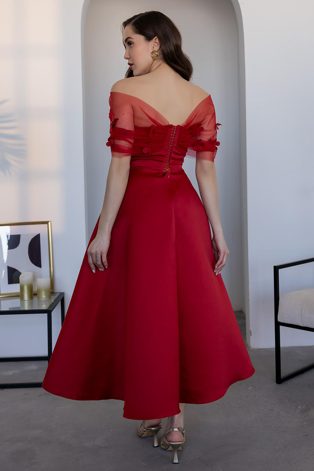 Mesh Patchwork 3D Flower Decor A-Line Gowns Midi Dresses-Red [Pre Order]