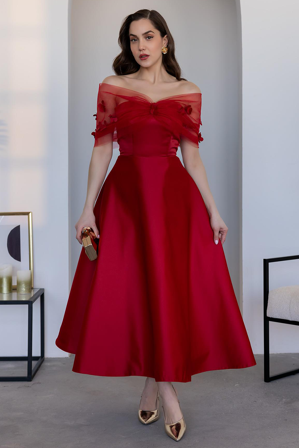 Mesh Patchwork 3D Flower Decor A-Line Gowns Midi Dresses-Red [Pre Orde