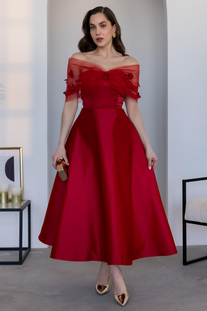 Mesh Patchwork 3D Flower Decor A-Line Gowns Midi Dresses-Red [Pre Order]