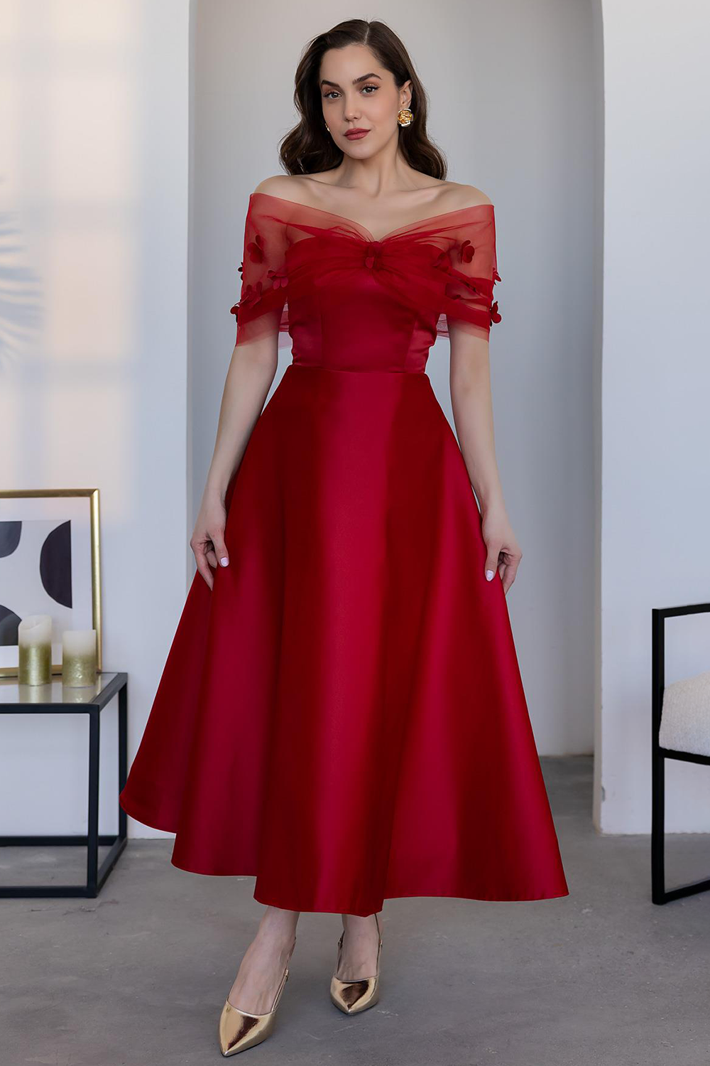 Mesh Patchwork 3D Flower Decor A-Line Gowns Midi Dresses-Red [Pre Order]