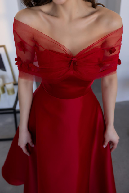Mesh Patchwork 3D Flower Decor A-Line Gowns Midi Dresses-Red [Pre Order]