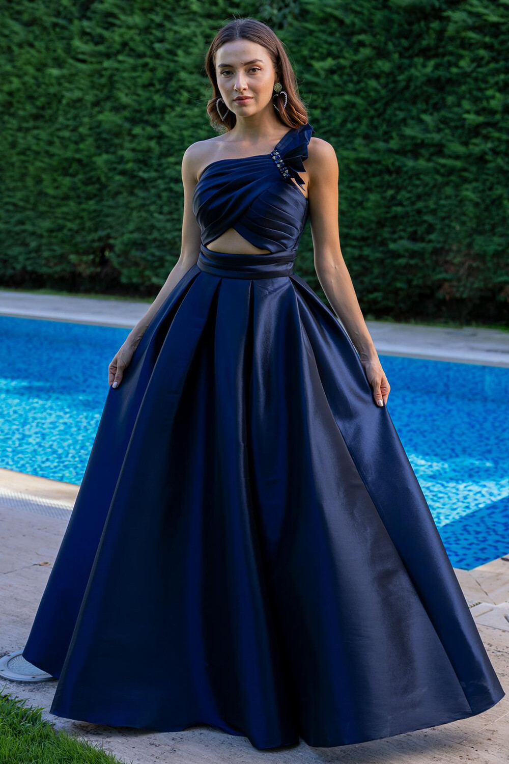 One Shoulder Pleated Cutout A-Line Gowns Maxi Dresses-Navy [Pre Order]