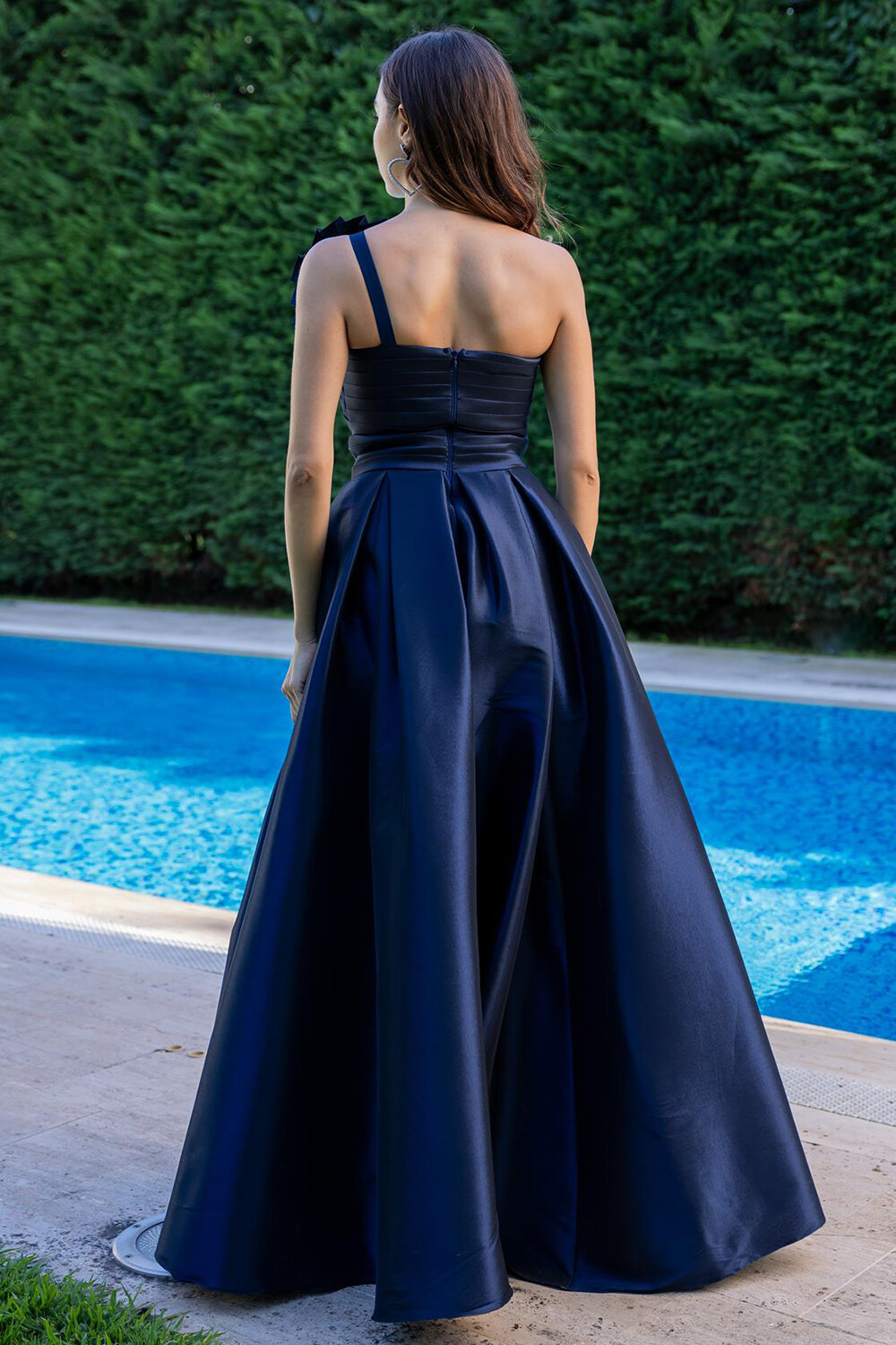 One Shoulder Pleated Cutout A-Line Gowns Maxi Dresses-Navy [Pre Order]