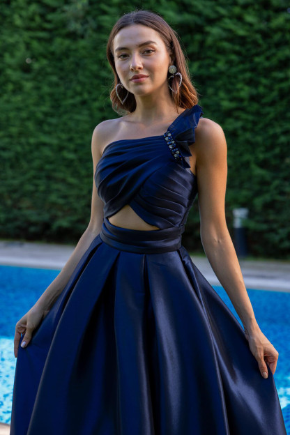 One Shoulder Pleated Cutout A-Line Gowns Maxi Dresses-Navy [Pre Order]