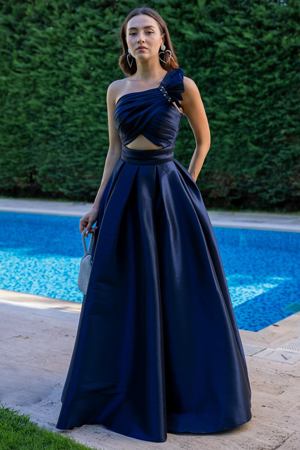 One Shoulder Pleated Cutout A-Line Gowns Maxi Dresses-Navy [Pre Order]