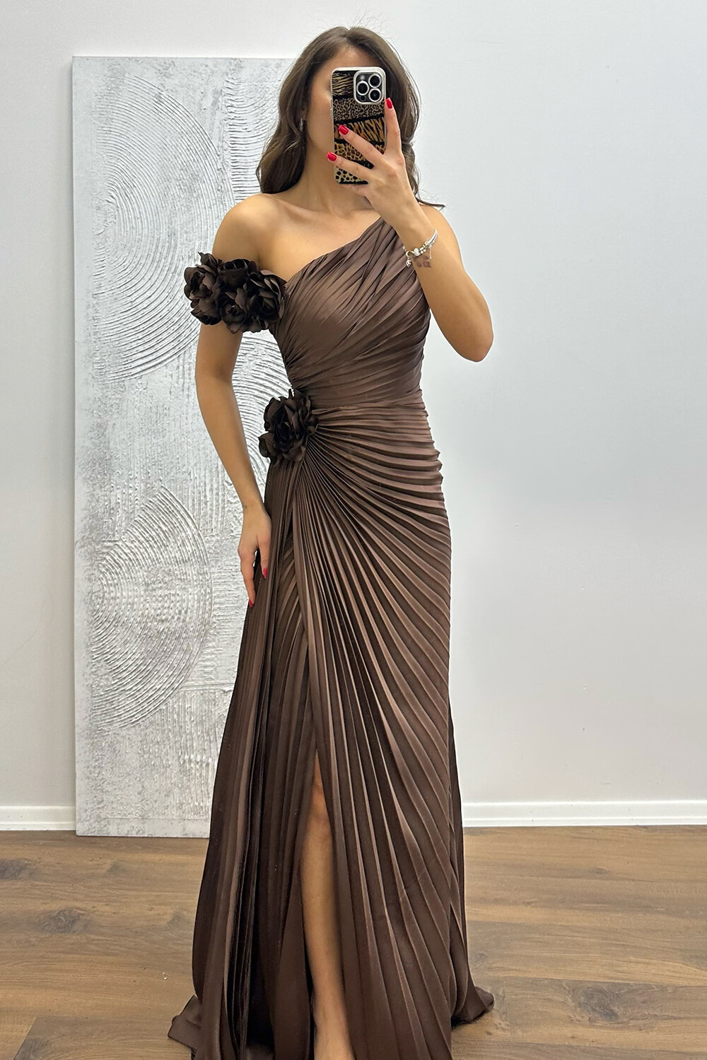Off Shoulder 3D Flower Decor Pleated Slit Gowns Maxi Dresses-Green [Pre Order]