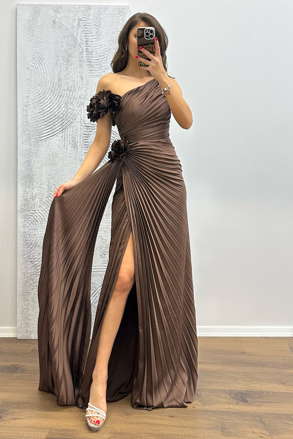 Off Shoulder 3D Flower Decor Pleated Slit Gowns Maxi Dresses-Green [Pre Order]