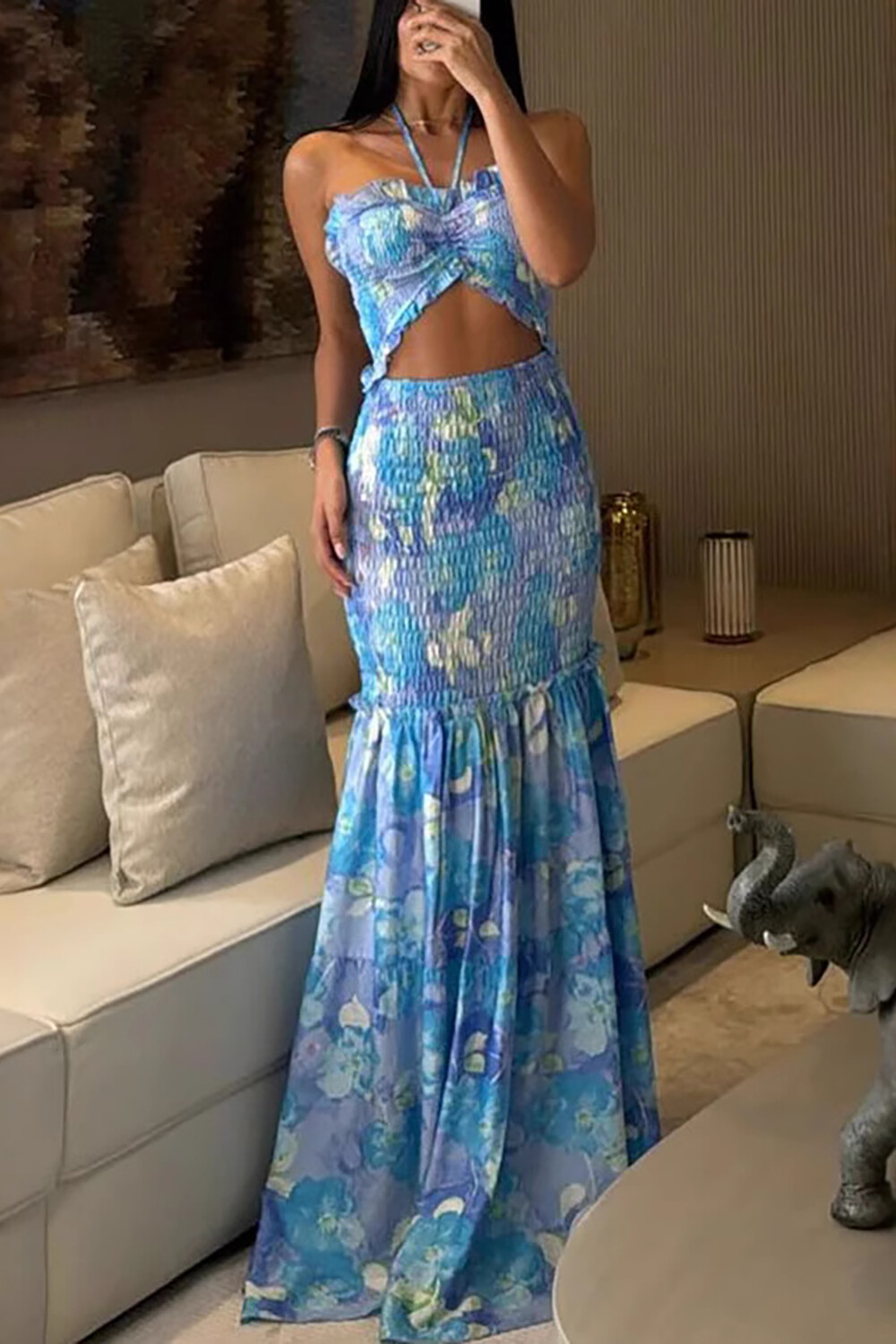 Halterneck Cutout Floral Print Semi-Fitted Maxi Dresses-Blue