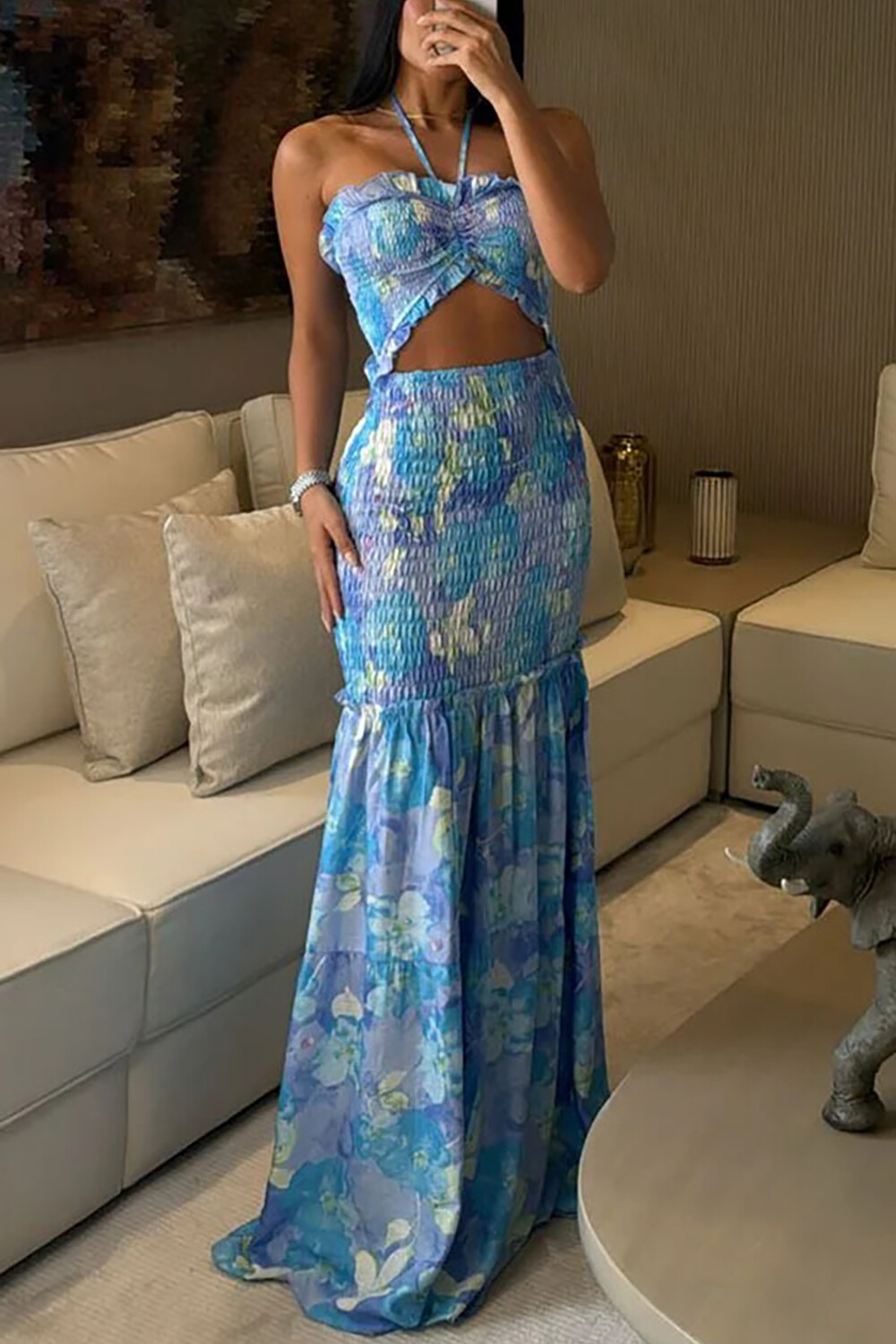 Halterneck Cutout Floral Print Semi-Fitted Maxi Dresses-Blue