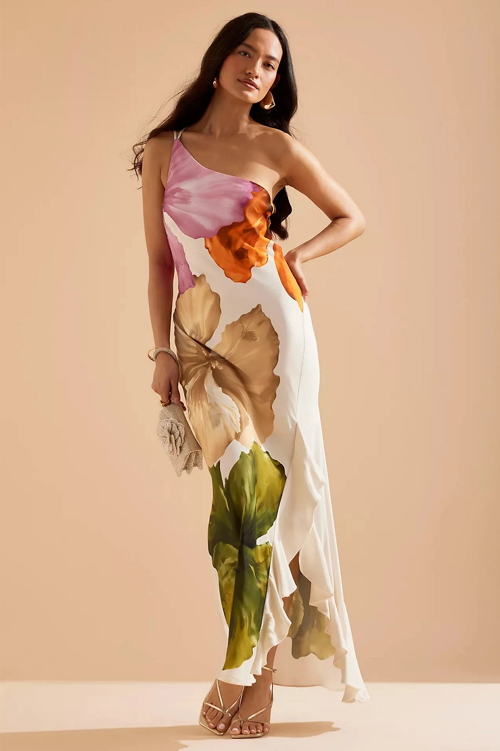 Floral Print One Shoulder Sleeveless Slim Fit Ruffled Slit Maxi Dresses-White