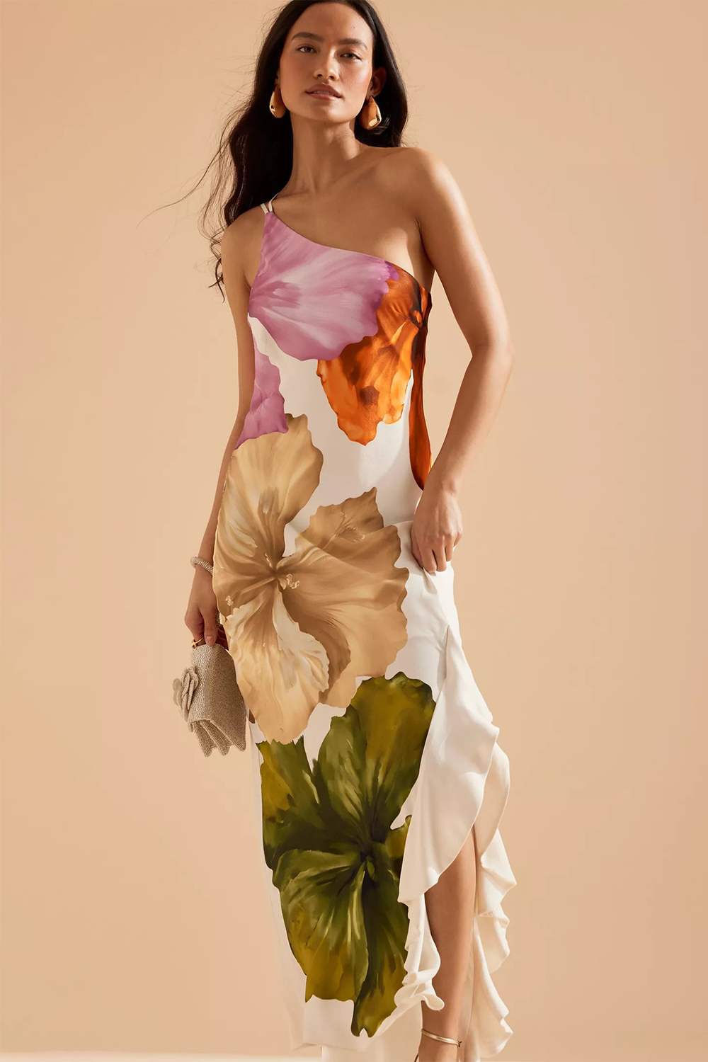 Floral Print One Shoulder Sleeveless Slim Fit Ruffled Slit Maxi Dresses-White