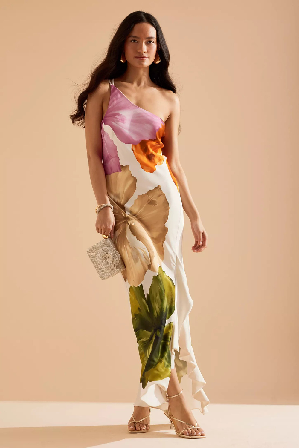 Floral Print One Shoulder Sleeveless Slim Fit Ruffled Slit Maxi Dresses-White
