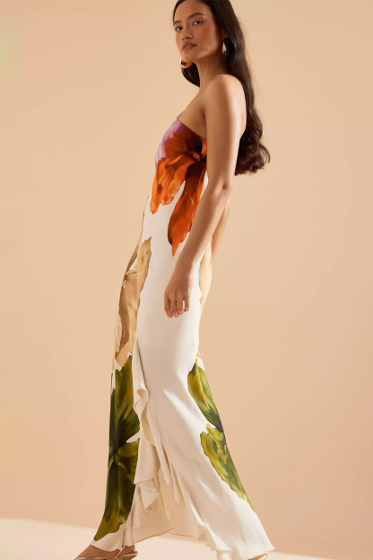 Floral Print One Shoulder Sleeveless Slim Fit Ruffled Slit Maxi Dresses-White