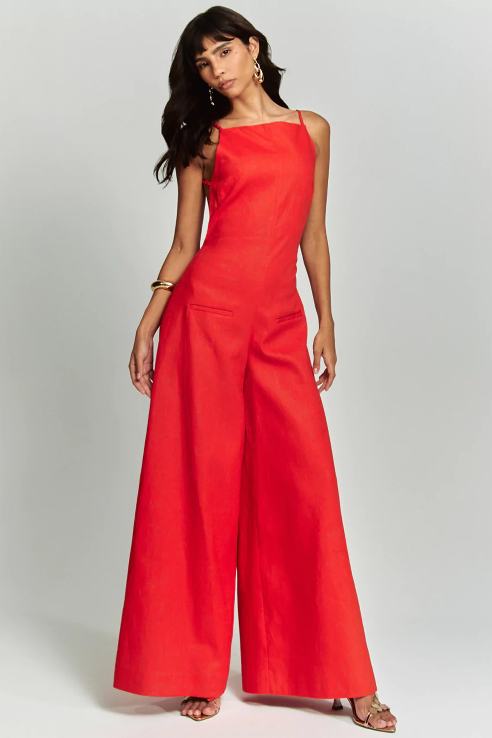 Solid Color Cinch Waist Open Back Wide Leg Cami Jumpsuit-Red
