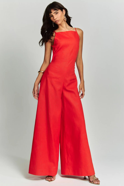 Solid Color Cinch Waist Open Back Wide Leg Cami Jumpsuit-Red