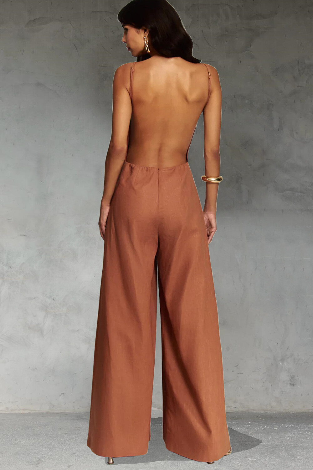 Solid Color Cinch Waist Open Back Wide Leg Cami Jumpsuit-Red