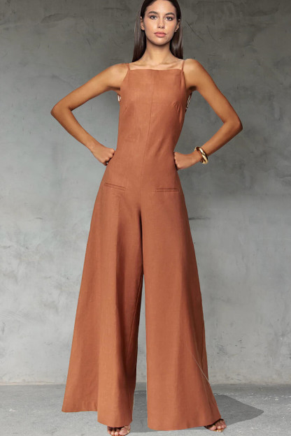 Solid Color Cinch Waist Open Back Wide Leg Cami Jumpsuit-Red