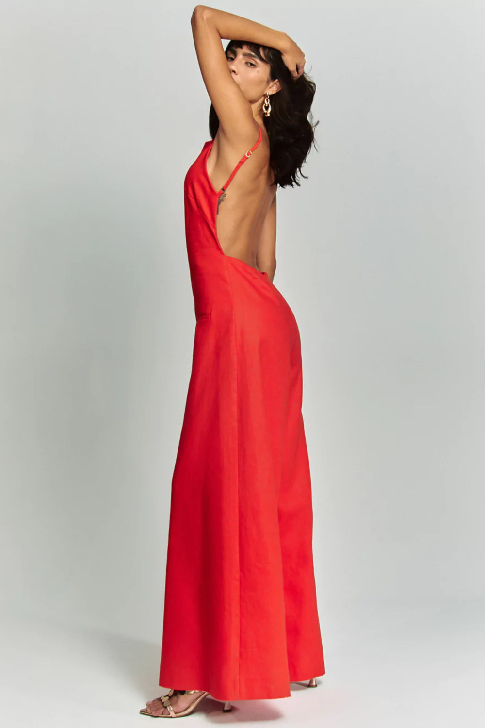 Solid Color Cinch Waist Open Back Wide Leg Cami Jumpsuit-Red