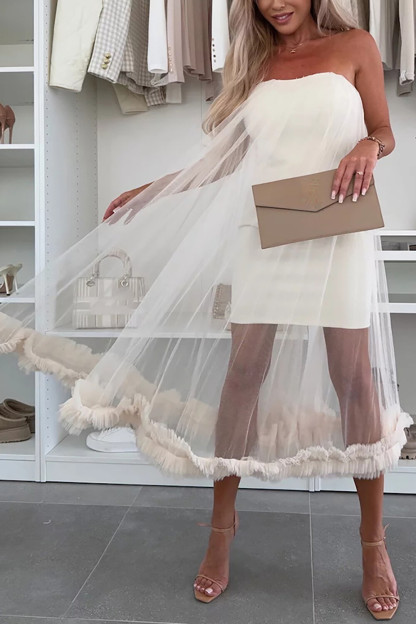 Tulle Patchwork Frilled Trim Overlay Strapless Midi Dresses-White