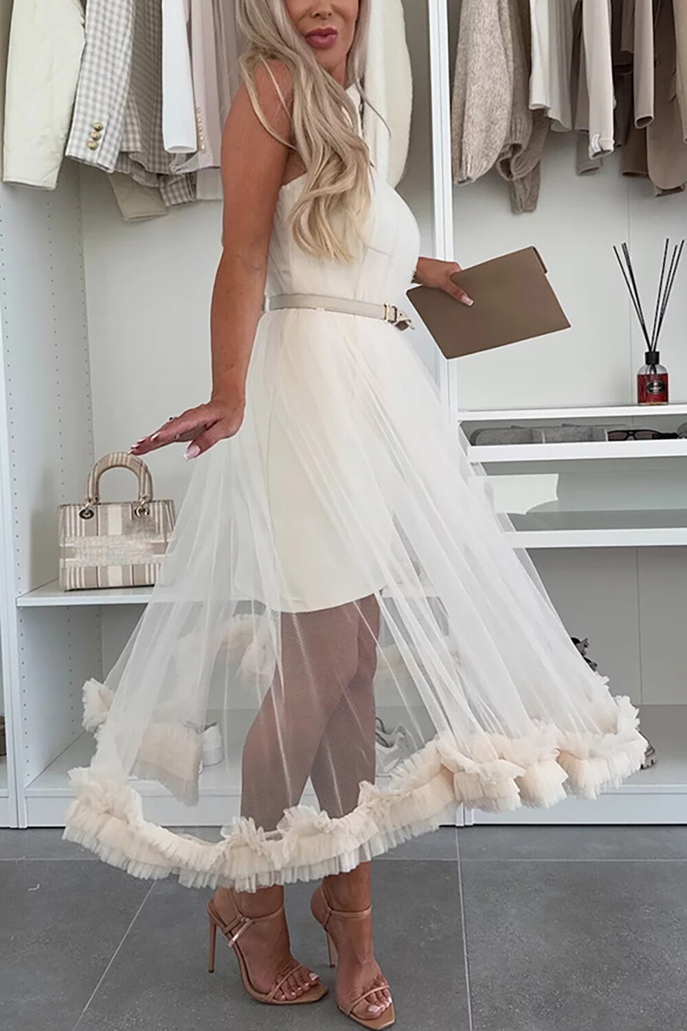 Tulle Patchwork Frilled Trim Overlay Strapless Midi Dresses-White