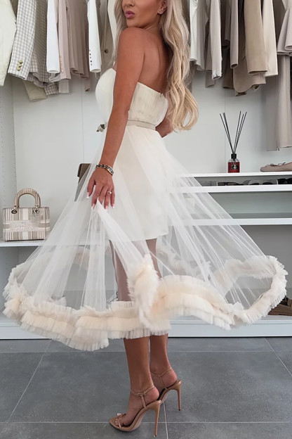 Tulle Patchwork Frilled Trim Overlay Strapless Midi Dresses-White