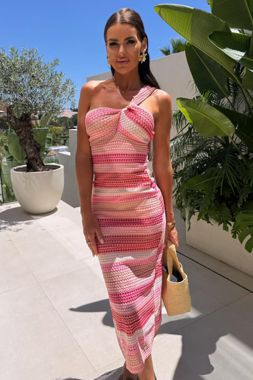 Colorblock Crochet One Shoulder Slim Fit Midi Dresses-Pink [Pre Order]