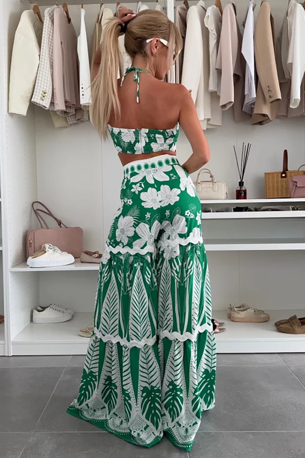 Halter Crop Top Floral Tropical Print Wide Leg Pants Set-Green [Pre Order]