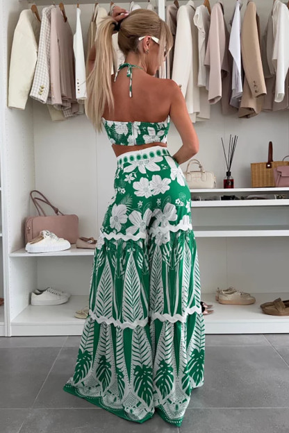 Halter Crop Top Floral Tropical Print Wide Leg Pants Set-Green [Pre Order]