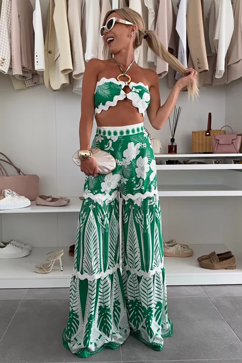 Halter Crop Top Floral Tropical Print Wide Leg Pants Set-Green [Pre Order]
