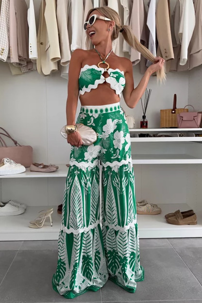 Halter Crop Top Floral Tropical Print Wide Leg Pants Set-Green [Pre Order]