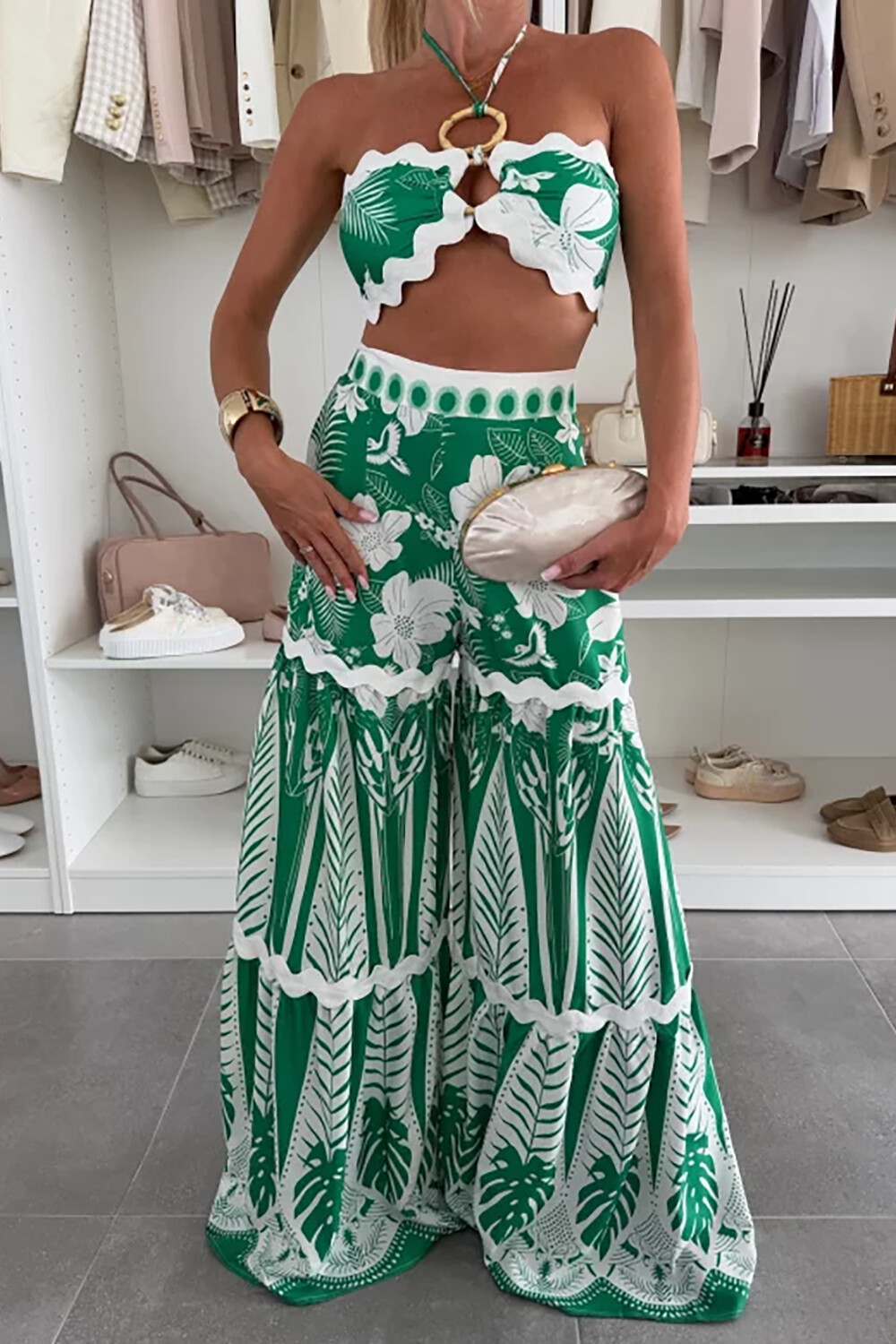 Halter Crop Top Floral Tropical Print Wide Leg Pants Set-Green [Pre Order]