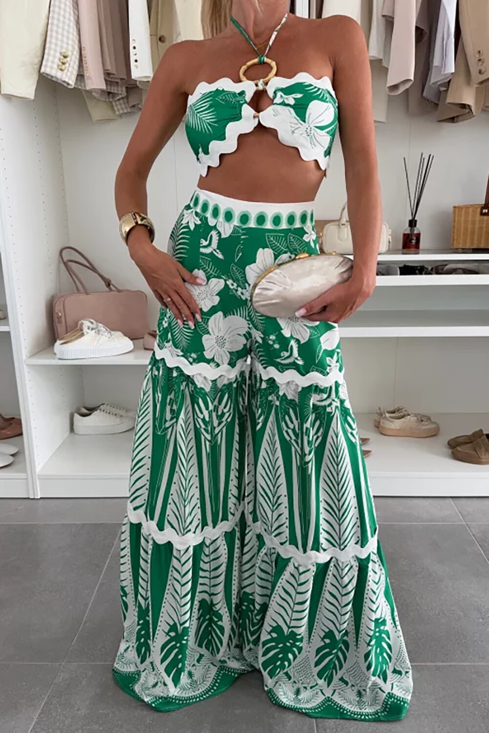 Halter Crop Top Floral Tropical Print Wide Leg Pants Set-Green [Pre Order]