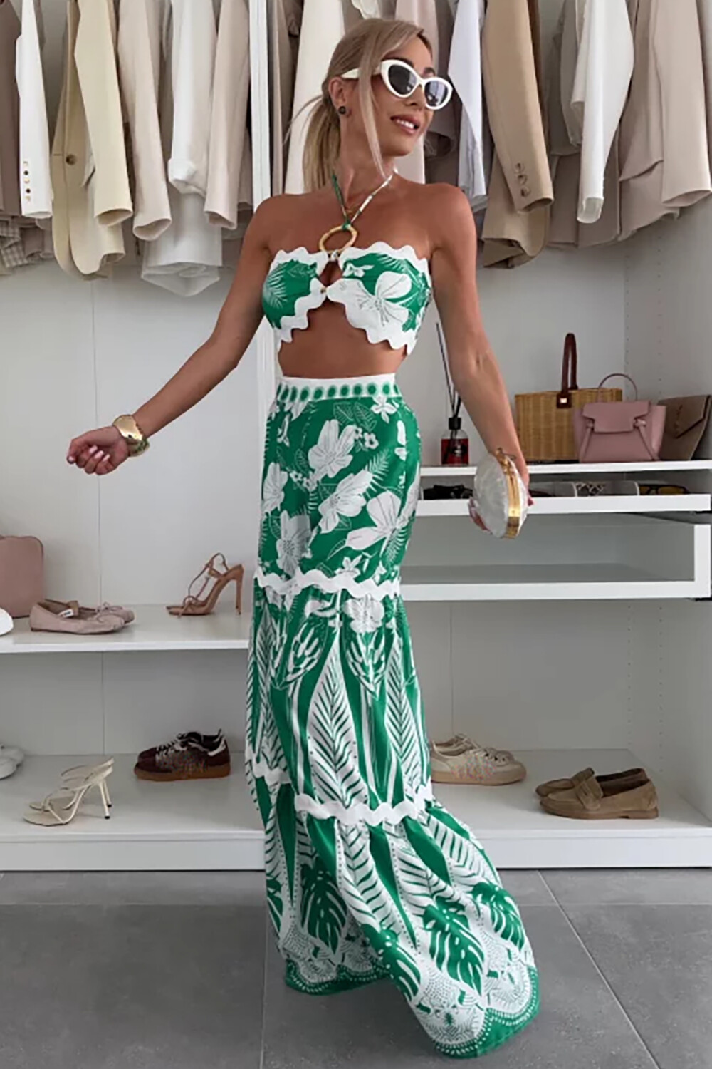 Halter Crop Top Floral Tropical Print Wide Leg Pants Set-Green [Pre Order]