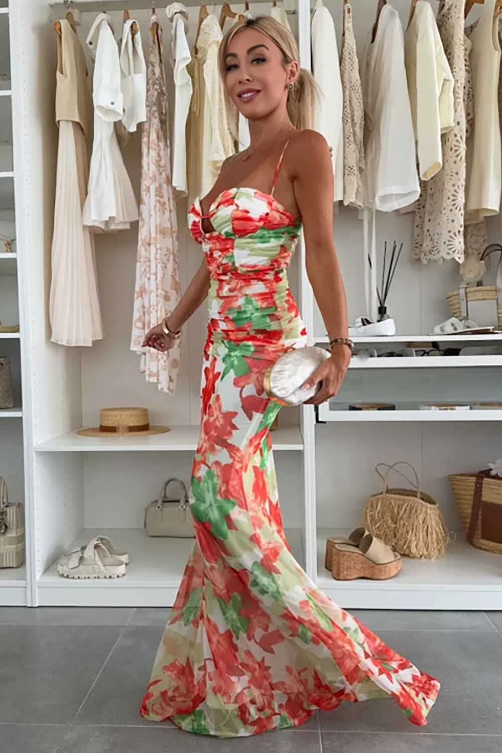 Floral Print Cutout Bodycon Fishtail Hem Strappy Maxi Dresses-Red [Pre Order]