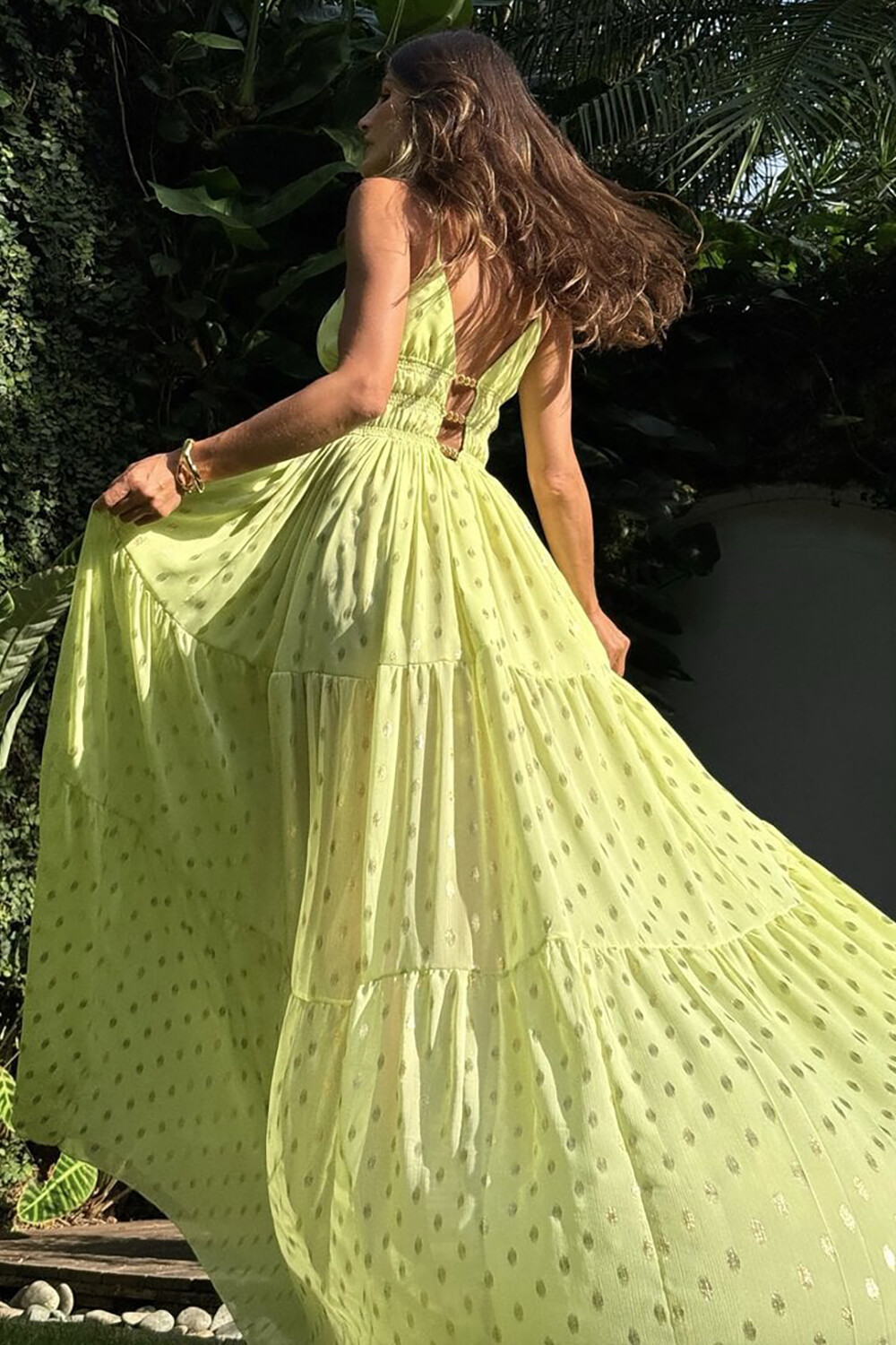 Plunge Neck Cutout Cinch Waist Glittering Slip Maxi Dresses-Yellow [Pre Order]