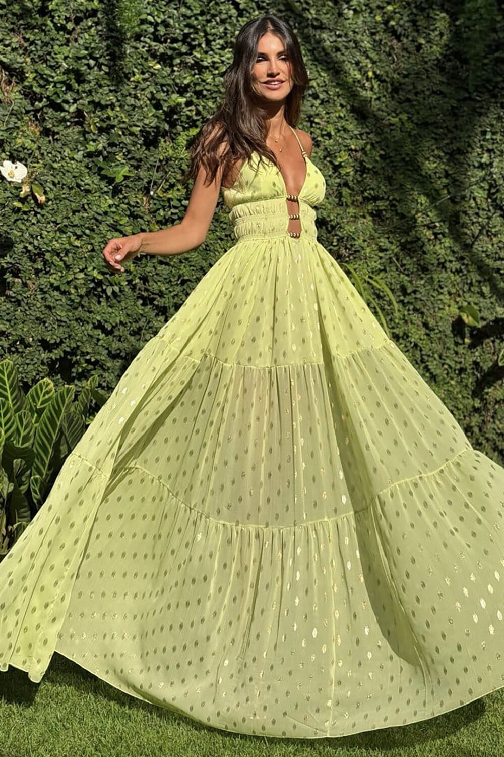 Plunge Neck Cutout Cinch Waist Glittering Slip Maxi Dresses-Yellow [Pre Order]