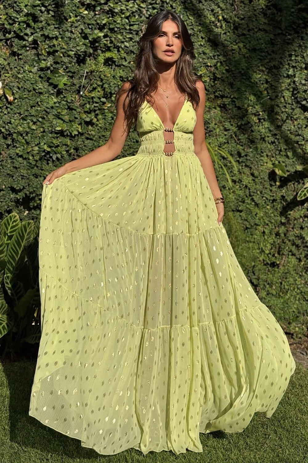 Plunge Neck Cutout Cinch Waist Glittering Slip Maxi Dresses-Yellow [Pre Order]