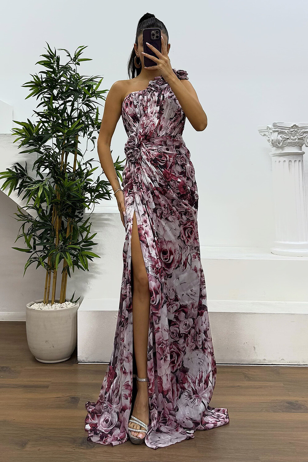 Floral Print One Shoulder Ruched Slit Gowns Maxi Dresses-Purple [Pre Order]