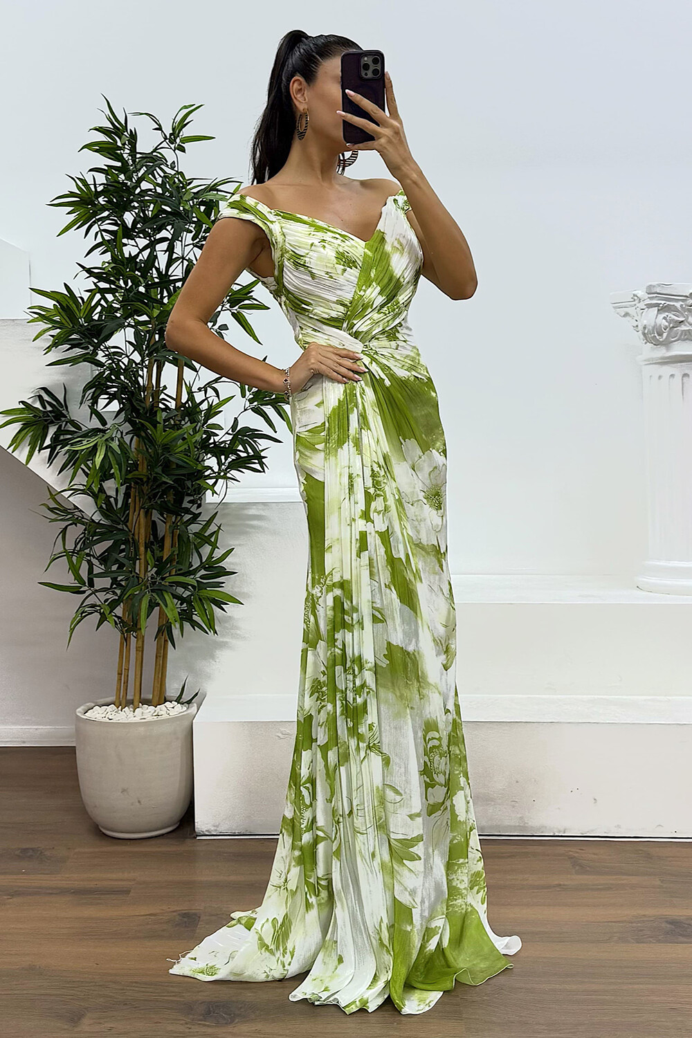 V Neck Floral Print Pleated High Slit Gowns Maxi Dresses-Green [Pre Order]
