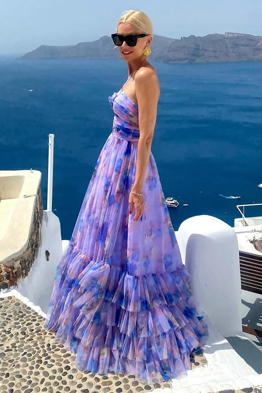 Floral Print Sleeveless Cinch Waist Ruffled Maxi Dresses-Purple [Pre Order]