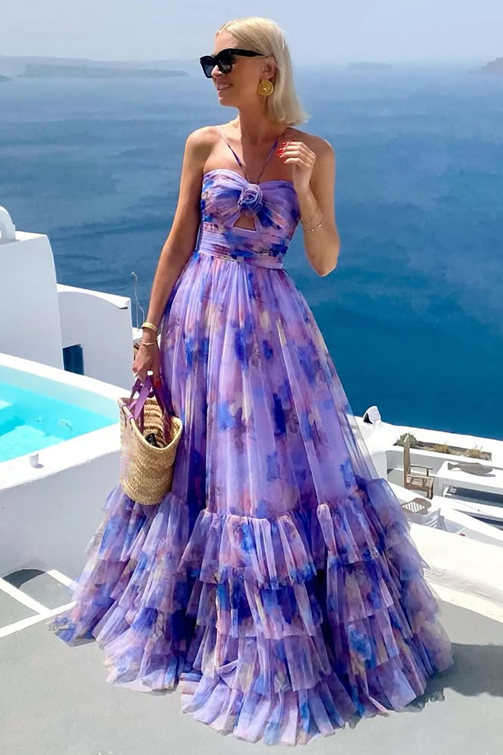 Floral Print Sleeveless Cinch Waist Ruffled Maxi Dresses-Purple [Pre Order]