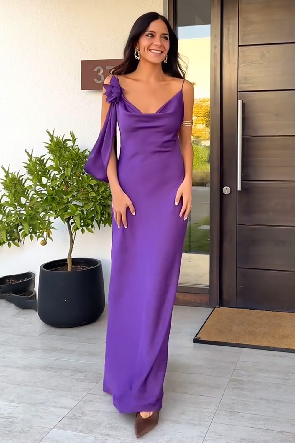 Drop Shoulder Cowl Neck Backless Gowns Slip Maxi Dresses-Purple [Pre Order]