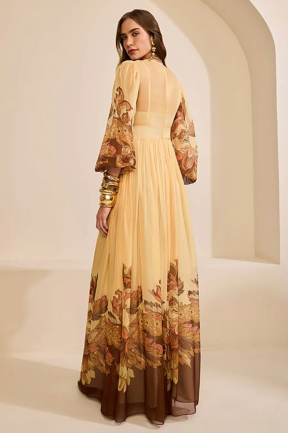 V Neck Lantern Sleeve Floral Print High Waist Maxi Dresses-Yellow [Pre Order]