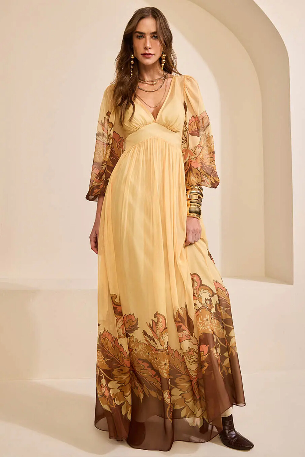V Neck Lantern Sleeve Floral Print High Waist Maxi Dresses-Yellow [Pre Order]