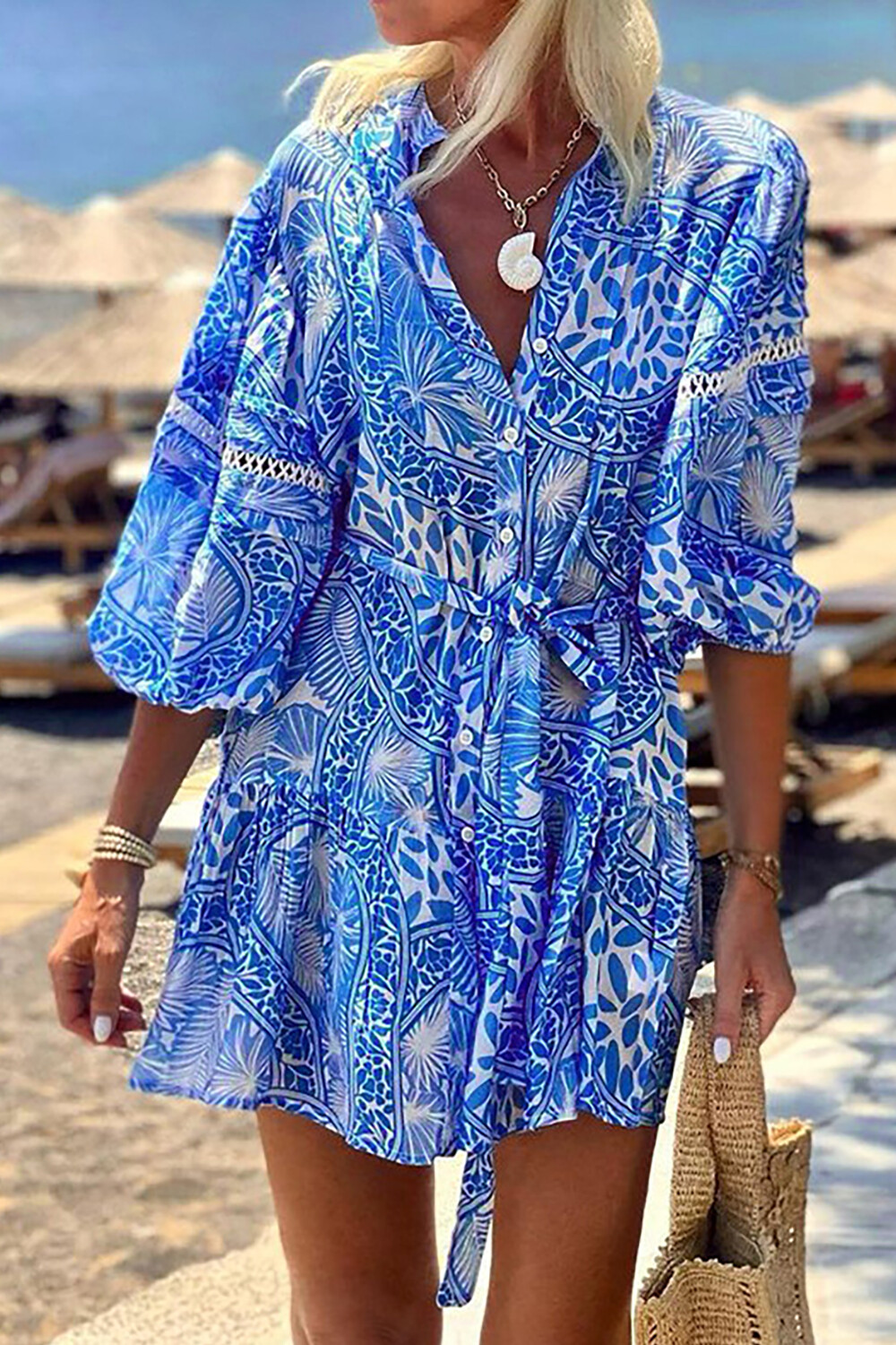 Tropical Print Puffy Half Sleeve Tie Up Vacation Mini Dresses-Blue