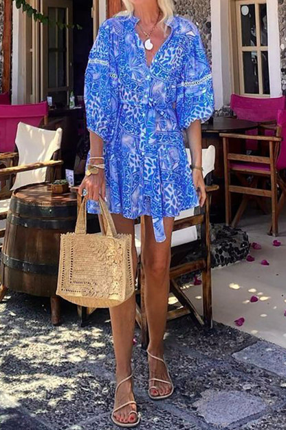 Tropical Print Puffy Half Sleeve Tie Up Vacation Mini Dresses-Blue