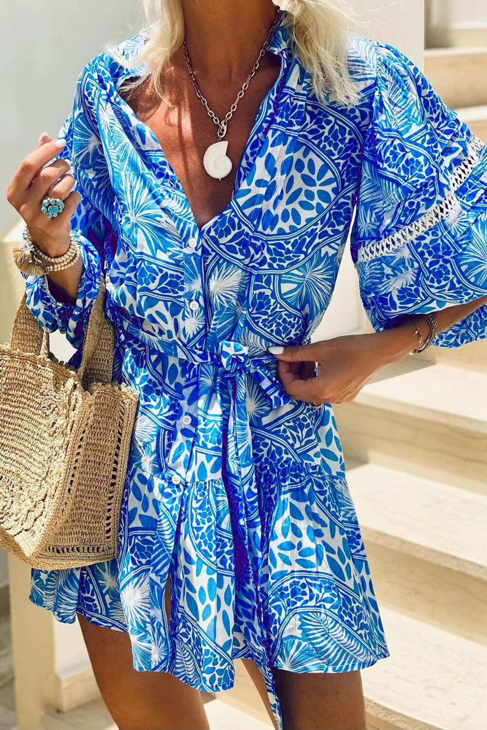 Tropical Print Puffy Half Sleeve Tie Up Vacation Mini Dresses-Blue