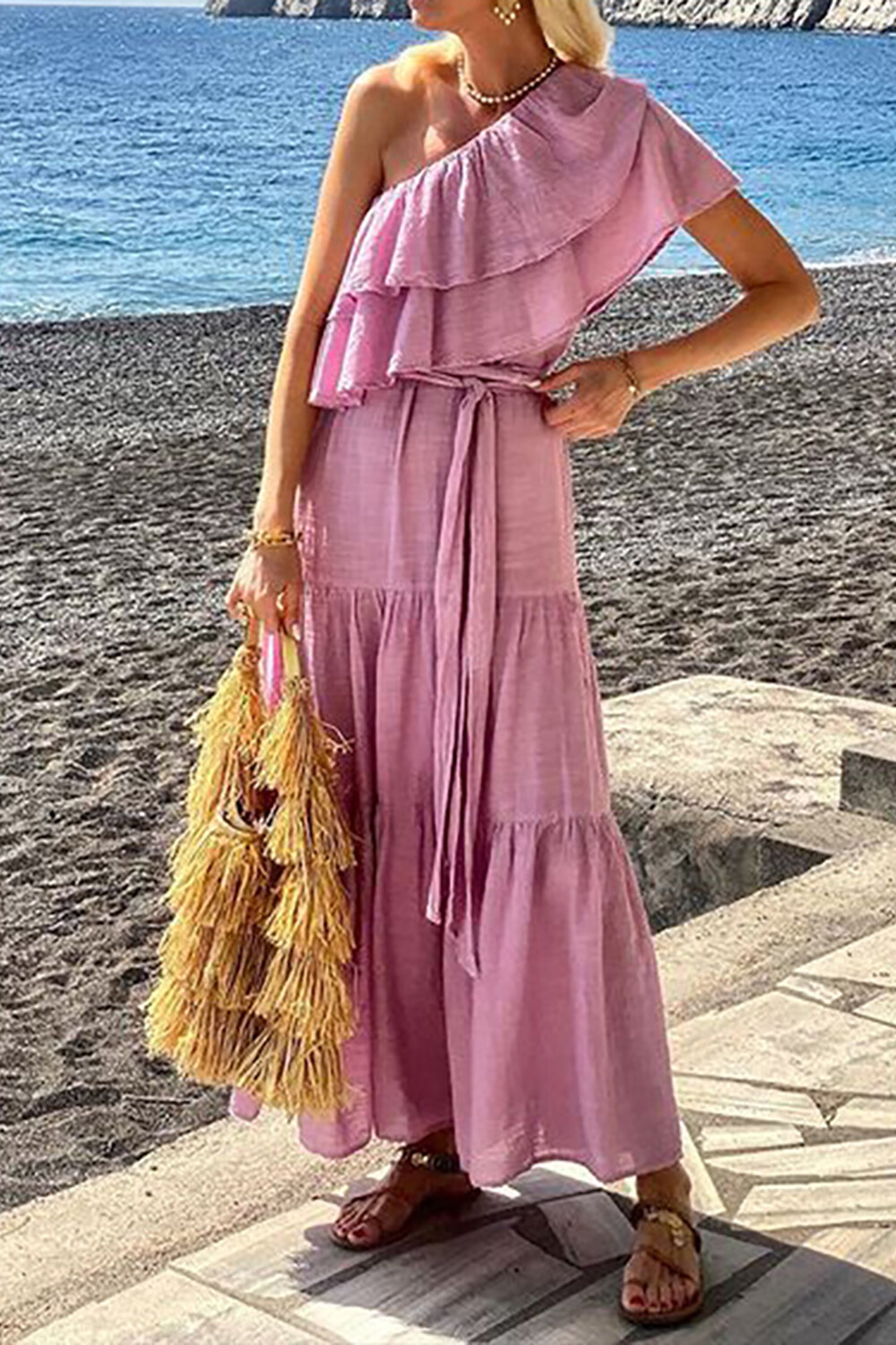 One Shoulder Ruffled Tie Belt Solid Color Vacation Maxi Dresses-Pink