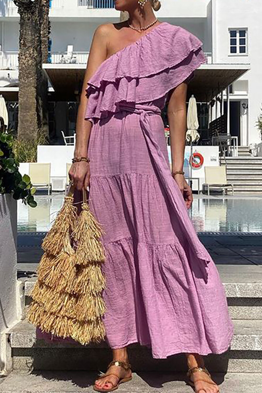 One Shoulder Ruffled Tie Belt Solid Color Vacation Maxi Dresses-Pink